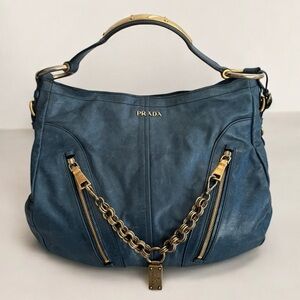 Prada Teal Blue Vitello Chain Hobo Shoulder Bag